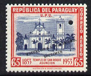 Paraguay 1953 San Rogue Church 5g Printers sample in blue & red  (issued stamp was yellow & brown etc) overprinted Waterlow & Sons SPECIMEN with security punch hole on gu..., stamps on churches