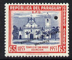 Paraguay 1953 San Rogue Church 5g Printer's sample in blue & red  (issued stamp was yellow & brown etc) overprinted Waterlow & Sons SPECIMEN with security punch hole on gummed paper, as SG 735-8, stamps on , stamps on  stamps on churches