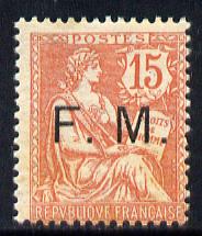 France 1903 Military Frank - FM optd on 15c pale red mounted mint light tone spots SG M314, stamps on militaria