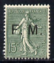 France 1904 Military Frank - FM optd on 15c slate-green mounted mint  SG M324, stamps on militaria