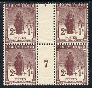 France 1917 War Orphan's Fund  2c + 1c brown-lake inter-paneau block of 4 with No.7 in gutter unmounted mint as SG 450, stamps on , stamps on  stamps on , stamps on  stamps on  ww1 , stamps on  stamps on 