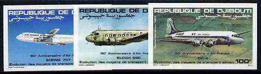 Djibouti 1983 Air France Anniversary set of 3 imperf from limited printing unmounted mint, as SG 875-77*, stamps on , stamps on  stamps on aviation, stamps on bloch, stamps on boeing, stamps on douglas, stamps on dc, stamps on 747