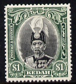 Malaya - Kedah 1937 Sultan $1 black & green fine mounted mint SG 66, stamps on , stamps on  kg6 , stamps on  kg5 , stamps on 