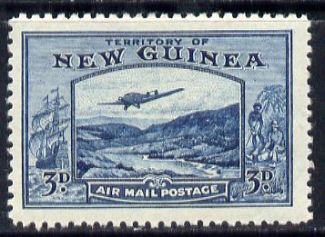 New Guinea 1939 Junkers G.31F over Bulolo Goldfields 3d blue mounted mint SG 216, stamps on , stamps on  stamps on , stamps on  stamps on  kg6 , stamps on  stamps on gold, stamps on  stamps on aviation