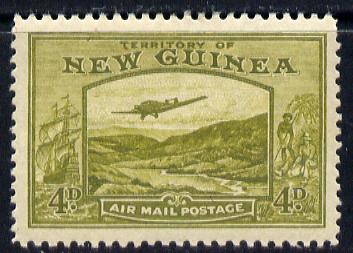 New Guinea 1939 Junkers G.31F over Bulolo Goldfields 4d yellow-olive mounted mint SG 217, stamps on , stamps on  stamps on , stamps on  stamps on  kg6 , stamps on  stamps on gold, stamps on  stamps on aviation