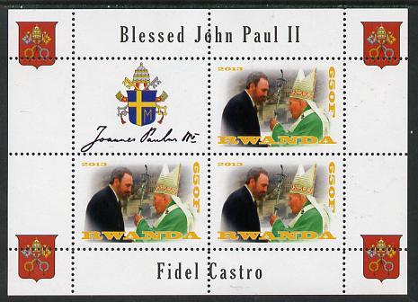 Rwanda 2013 Pope John Paul with Fidel Castro perf sheetlet containing 3 values & label unmounted mint, stamps on , stamps on  stamps on personalities, stamps on  stamps on pope, stamps on  stamps on popes, stamps on  stamps on religion, stamps on  stamps on arms, stamps on  stamps on constitutions  , stamps on  stamps on dictators.
