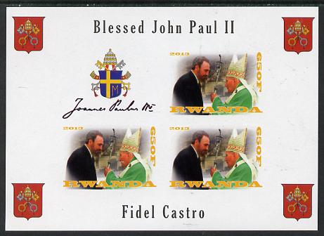 Rwanda 2013 Pope John Paul with Fidel Castro imperf sheetlet containing 3 values & label unmounted mint, stamps on personalities, stamps on pope, stamps on popes, stamps on religion, stamps on arms, stamps on constitutions  , stamps on dictators.