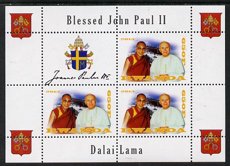 Rwanda 2013 Pope John Paul with Dalai Lama perf sheetlet containing 3 values & label unmounted mint, stamps on personalities, stamps on pope, stamps on popes, stamps on religion, stamps on arms, stamps on nobel, stamps on peace, stamps on 