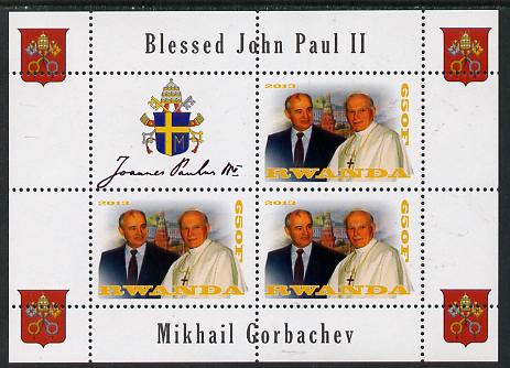 Rwanda 2013 Pope John Paul with Mikhail Gorbachev perf sheetlet containing 3 values & label unmounted mint, stamps on , stamps on  stamps on personalities, stamps on  stamps on pope, stamps on  stamps on popes, stamps on  stamps on religion, stamps on  stamps on arms, stamps on  stamps on constitutions