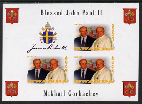 Rwanda 2013 Pope John Paul with Mikhail Gorbachev imperf sheetlet containing 3 values & label unmounted mint, stamps on , stamps on  stamps on personalities, stamps on  stamps on pope, stamps on  stamps on popes, stamps on  stamps on religion, stamps on  stamps on arms, stamps on  stamps on constitutions