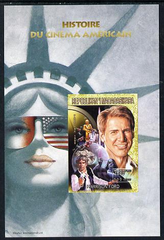 Madagascar 1999 History of American Cinema - Harrison Ford imperf m/sheet unmounted mint. Note this item is privately produced and is offered purely on its thematic appeal , stamps on personalities, stamps on films, stamps on cinema, stamps on entertainments, stamps on movies, stamps on statue of liberty