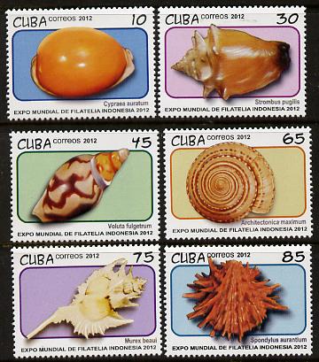 Cuba 2012 Sea Shells perf set of 6 unmounted mint , stamps on marine life, stamps on shells