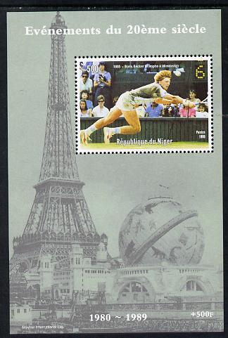 Niger Republic 1998 Events of the 20th Century 1980-1989 Boris Becker Wimbledon Champion perf souvenir sheet unmounted mint. Note this item is privately produced and is o..., stamps on millennium, stamps on eiffel tower, stamps on personalities, stamps on sport, stamps on tennis