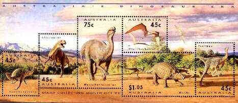 Australia 1993 Prehistoric Animals m/sheet containing complete set of 6 unmounted mint, SG MS 1429, stamps on dinosaurs, stamps on ferns