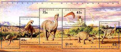 Australia 1993 Prehistoric Animals m/sheet containing complete set of 6 unmounted mint, SG MS 1429, stamps on , stamps on  stamps on dinosaurs, stamps on  stamps on ferns