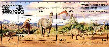 Australia 1993 Prehistoric Animals m/sheet containing complete set of 6, overprinted for Bangkok '93, see note after SG MS 1429 unmounted mint, stamps on , stamps on  stamps on dinosaurs, stamps on  stamps on stamp exhibitions, stamps on  stamps on ferns