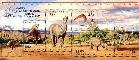 Australia 1993 Prehistoric Animals m/sheet containing complete set of 6, overprinted for Sydney Stamp & Coin Show, see note after SG MS 1429 unmounted mint, stamps on , stamps on  stamps on dinosaurs, stamps on  stamps on stamp exhibitions, stamps on  stamps on ferns