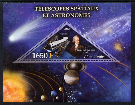 Ivory Coast 2012 Space Telescopes & Astronomers perf m/sheet containing 1 triangular value unmounted mint, stamps on , stamps on  stamps on telescopes, stamps on  stamps on space, stamps on  stamps on planets, stamps on  stamps on herschel