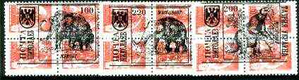 Ykpanha 1993 Prehistoric Animals #2 opt set of 3 values, each design optd on  block of 4 Russian defs unmounted mint, stamps on dinosaurs