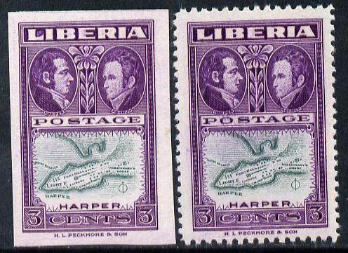 Liberia 1952 Ashmun 3c Map of Harper imperf proof in issued colours plus perf normal both unmounted mint (as SG 717)