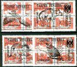 Ykpanha 1994 Prehistoric Animals #3 opt set of 4 values, each design opt'd on block of 4 Russian defs unmounted mint, stamps on , stamps on  stamps on dinosaurs