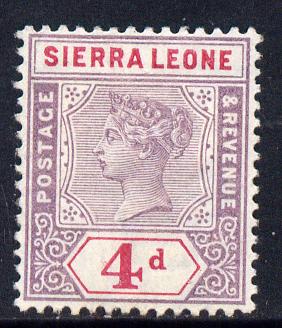 Sierra Leone 1896-97 QV Key Plate Crown CA 4d mauve & carmine mounted mint SG 47, stamps on , stamps on  stamps on , stamps on  stamps on  qv , stamps on  stamps on 