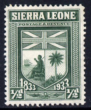Sierra Leone 1933 KG5 Wilberforce & Abolition of Slavery 1/2d green mounted mint SG 168, stamps on , stamps on  kg5 , stamps on slavery, stamps on arms, stamps on heraldry, stamps on flags