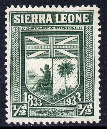 Sierra Leone 1933 KG5 Wilberforce & Abolition of Slavery 1/2d green mounted mint SG 168, stamps on , stamps on  kg5 , stamps on slavery, stamps on arms, stamps on heraldry, stamps on flags