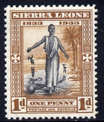 Sierra Leone 1933 KG5 Wilberforce & Abolition of Slavery 1d black & brown mounted mint SG 169, stamps on , stamps on  stamps on , stamps on  stamps on  kg5 , stamps on  stamps on slavery, stamps on  stamps on arms, stamps on  stamps on heraldry, stamps on  stamps on flags