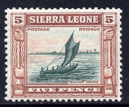 Sierra Leone 1933 KG5 Wilberforce & Abolition of Slavery 5d green & chestnut mounted mint SG 174, stamps on , stamps on  kg5 , stamps on slavery, stamps on ships, stamps on canoes