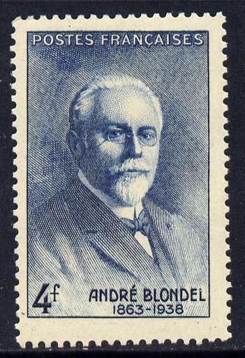 France 1942 Andre Blondel (physicist) 4f blue unmounted mint SG 756, stamps on , stamps on  stamps on personalities, stamps on  stamps on science, stamps on  stamps on physics