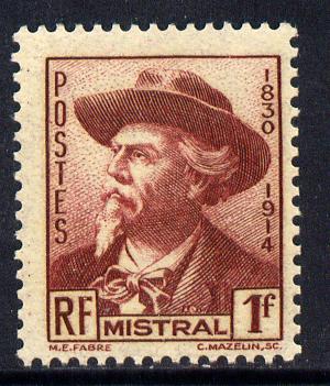 France 1941 Frederic Mistral (poet) 1f brown-lake unmounted mint SG 698, stamps on , stamps on  stamps on personalities, stamps on  stamps on literature, stamps on  stamps on poetry