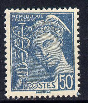 France 1938-42 Mercury 50c greenish-blue unmounted mint SG 627c, stamps on mercury