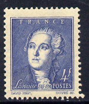 France 1943 Birth Bicentenary of Lavoisier (chemist) 4f blue unmounted mint SG 785, stamps on personalities, stamps on science, stamps on chemist, stamps on chemistry