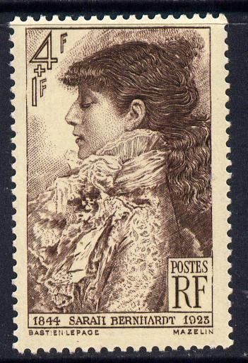 France 1945 Birth Centenary of Sarah Bernhardt (actress) 4f+1f purple-brown unmounted mint SG 950, stamps on personalities, stamps on women, stamps on films, stamps on cinema