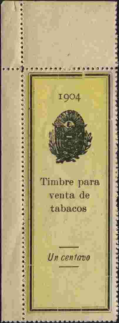 El Salvador 1904 Tobacco Duty 1c perforated revenue stamp on ungummed paper, stamps on , stamps on  stamps on cinderella, stamps on tobacco, stamps on revenues