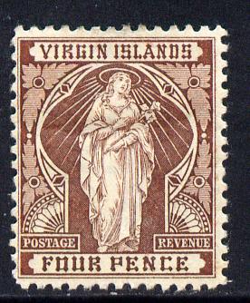 British Virgin Islands 1899 Virgin Crown CA 4d brown mounted mint SG 46, stamps on , stamps on  stamps on , stamps on  stamps on  qv , stamps on  stamps on 