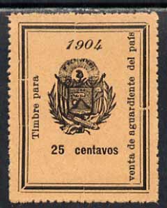 El Salvador 1904 Alcohol Duty 25c perforated revenue stamp on ungummed paper, stamps on , stamps on  stamps on cinderella, stamps on alcohol, stamps on drink, stamps on revenues