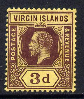 British Virgin Islands 1913-19 KG5 MCA 3d purple on yellow mounted mint SG 73, stamps on , stamps on  kg5 , stamps on 