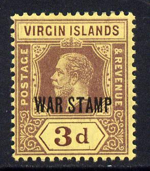 British Virgin Islands 1916-19 KG5 3d purple on yellow opt'd WAR TAX mounted mint SG 79, stamps on , stamps on  stamps on , stamps on  stamps on  kg5 , stamps on  stamps on 