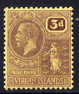 British Virgin Islands 1922-28 KG5 MCA 3d purple on yellow mounted mint SG 82, stamps on , stamps on  stamps on , stamps on  stamps on  kg5 , stamps on  stamps on 