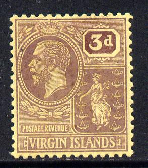 British Virgin Islands 1922-28 KG5 Script CA 3d purple on yellow mounted mint SG 96, stamps on , stamps on  kg5 , stamps on 