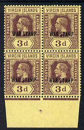 British Virgin Islands 1916-19 KG5 3d purple on yellow optd WAR TAX block of 4 unmounted mint SG 79, stamps on , stamps on  kg5 , stamps on 