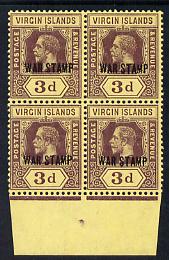 British Virgin Islands 1916-19 KG5 3d purple on yellow opt'd WAR TAX block of 4 unmounted mint SG 79, stamps on , stamps on  stamps on , stamps on  stamps on  kg5 , stamps on  stamps on 