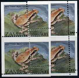 Zambia 1989 Red Toad 50n vert pair with superb misplaced perforations, unmounted mint SG 567 (blocks pro rata), stamps on , stamps on  stamps on animals, stamps on  stamps on reptiles, stamps on  stamps on frogs