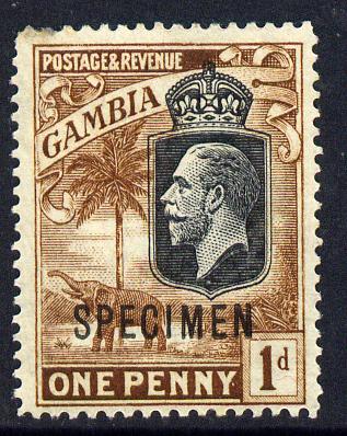 Gambia 1922-29 KG5 Script CA Elephant & Palm 1d black & brown overprinted SPECIMEN fine with gum only about 400 produced SG 124s, stamps on specimen, stamps on  kg5 , stamps on elephants, stamps on trees, stamps on palms