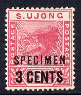 Malaya - Sungei Ujong 1894 3c on 5c Tiger overprinted SPECIMEN fine with gum only about 730 produced SG 54s, stamps on specimen, stamps on  qv , stamps on tigers
