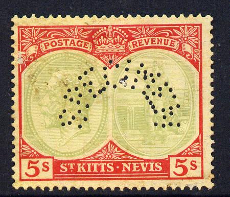 St Kitts-Nevis 1921-29 KG5 Script CA Columbus 5s green & red on yellow (green faded) with SPECIMEN perfin fine with gum only about 400 produced SG 47bs, stamps on specimen, stamps on  kg5 , stamps on columbus