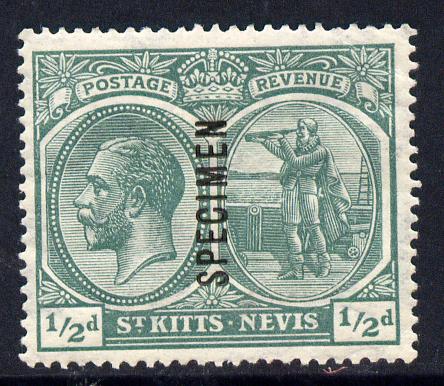 St Kitts-Nevis 1921-29 KG5 Script CA Columbus 1/2d blue-green overprinted SPECIMEN fine with gum only about 400 produced SG 37s, stamps on , stamps on  stamps on specimen, stamps on  stamps on  kg5 , stamps on  stamps on columbus