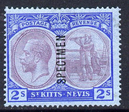 St Kitts-Nevis 1921-29 KG5 Script CA Columbus 2s purple & blue on blue overprinted SPECIMEN fine with gum only about 400 produced SG 47s, stamps on specimen, stamps on  kg5 , stamps on columbus